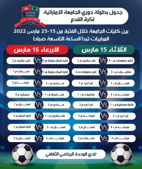 League football league matches schedule between university faculties. The league activities will start tomorrow, Tuesday, March 15, 2022.