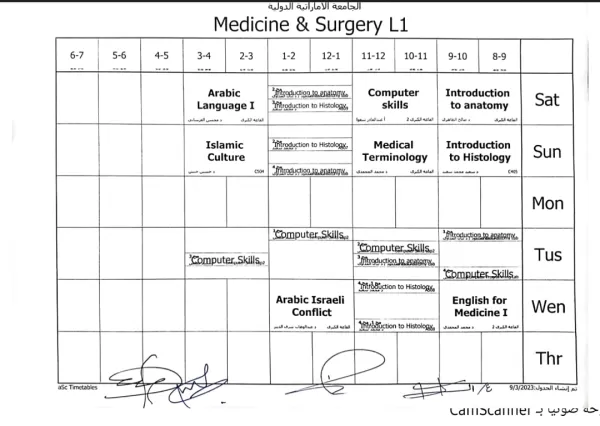 الجداول الدراسية لتخصصات كلية الطب والعلوم الصحية م. أول 1445