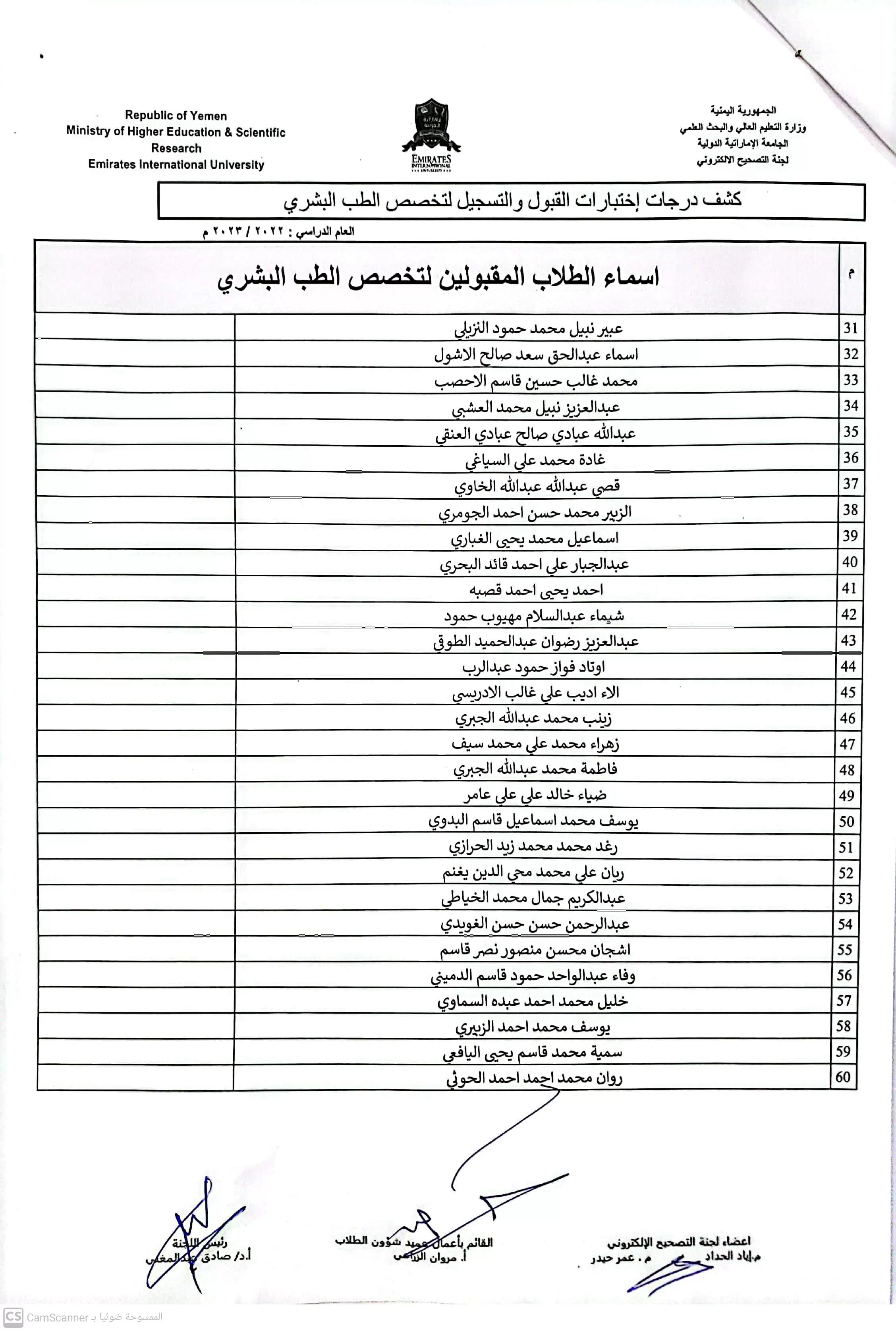 Announcing the results of the admission exam for the human medicine specialization for the academic year 1444 AH.. 2022-2023 AD.