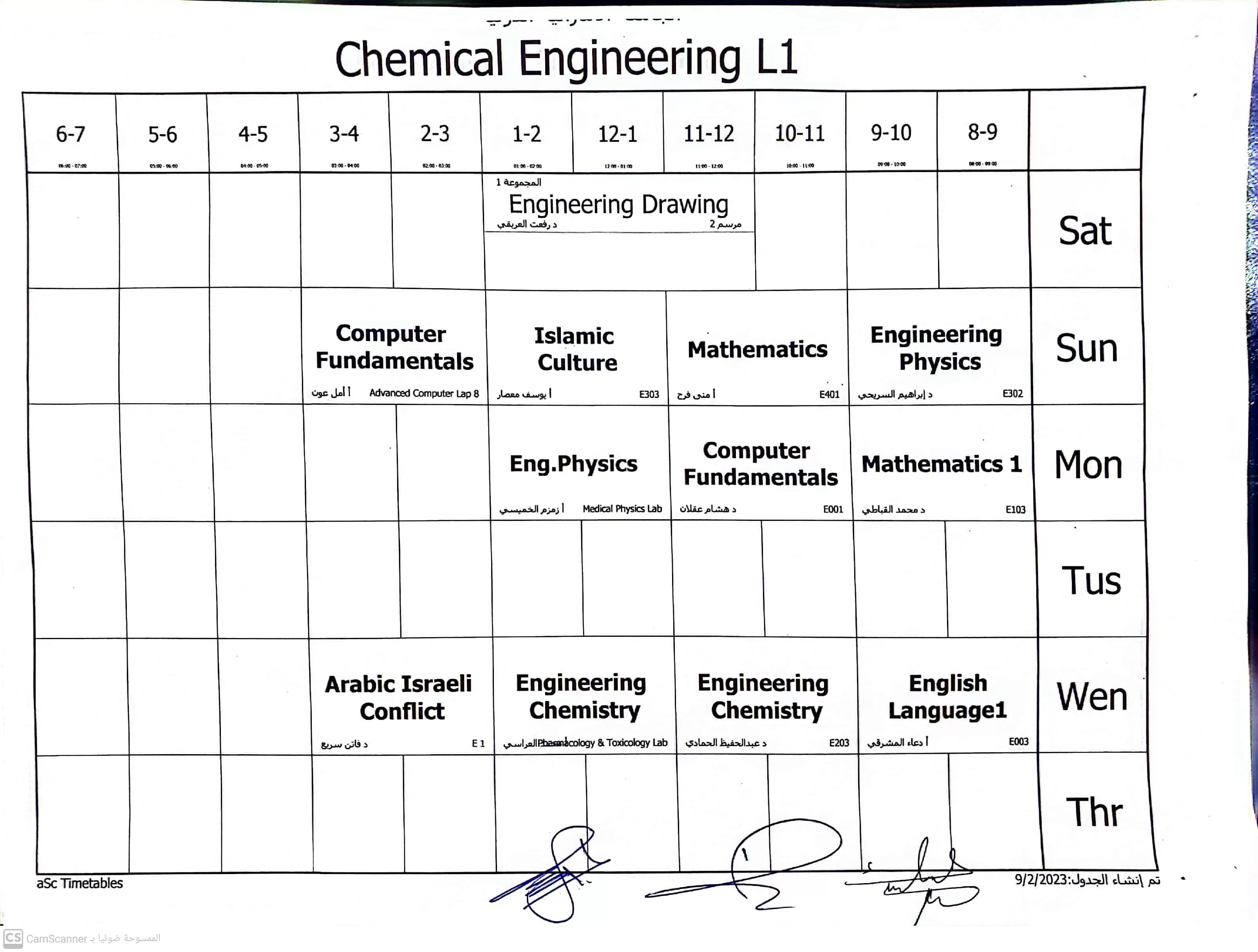 Academic schedules for the majors of the Faculty of Engineering and Information Technology