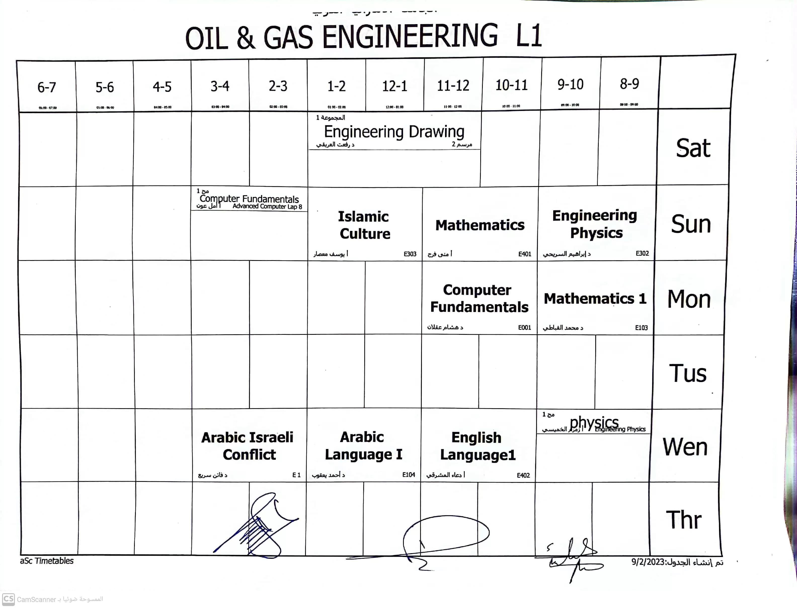 Academic schedules for the majors of the Faculty of Engineering and Information Technology