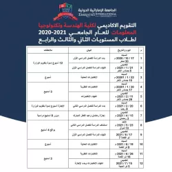 التقويم الاكاديمي لكلية الهندسة وتكنولوجيا المعلومات للعام الجامعي 2020-2021 المستويات الثاني والثالث والرابع.